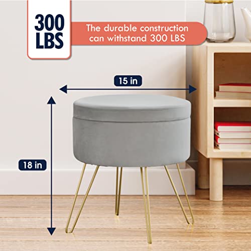 Ornavo Home Modern Round Velvet Storage Ottoman Foot Rest Vanity Stool/Seat With Gold Metal Legs & Tray Top Coffee Table - Silver #TOP1