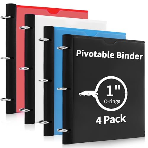 Tashkummy 360 Degree Pivotable Binder Upgraded 3 Ring Binder 1 inch 4 Pack Flexible Binders 3 Ring Foldable Three Ring Binders- Black White Blue Red