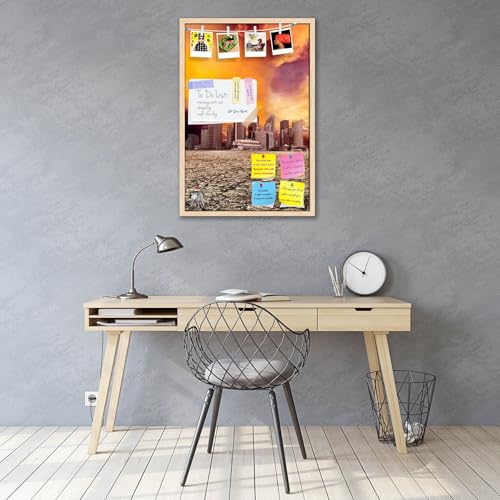 Image of ArtzFolio City Overlooking Desolate Desert | Bulletin Board Notice Pin Board | Vision Soft Board Combo with Thumb Push Pins & Sticky Notes | Natural Brown Frame | 12 x 18 inch (30 x 46 cms)