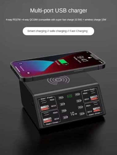 Image of 100W USB Charger Desktop 8-Port Charging Station Hub with Quick Charge 18W QC 3.0 USB Ports, with 27W PD Fast Charger Ports and LCD Display Wireless Charging Station for 1Phone 1Pad Galaxy (838W 100W)