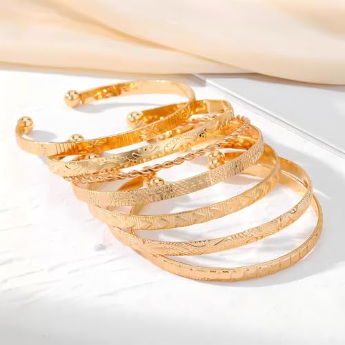 Gold Bangle Bracelet, 7 Pcs Gold Plated Dainty Layered Chain, 14K Layer Stackable Cuff Bracelet Set for Women (Gold)2