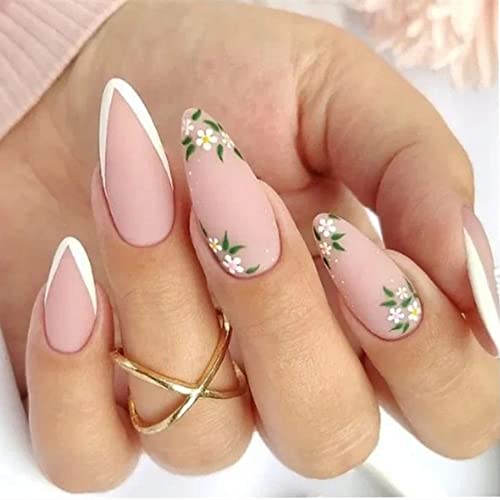 Matte White French Tips Press on Nails Medium,KXAMELIE Almond Fake Nails with Nail Glue Floral Pattern Full Cover Glue o