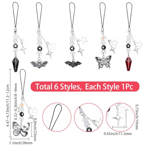 SUNNYCLUE 1 Box 6Pcs Gothic Phone Charm Phone Charms Strap Halloween Black Red Bat Butterfly Coffin Pendants Phonecharms Accessories for Women Adults Cellphone Case Keychains Bag Camera Decor