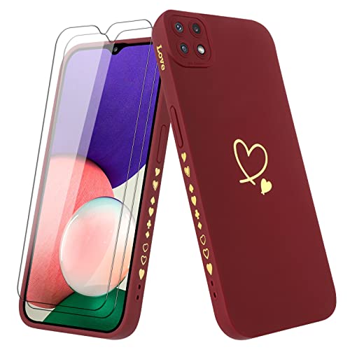 Vauki Funda para Samsung Galaxy A22 5G con 2 Piezas Cristal Templado Carcasa con Amor Corazón Mujer Suave Silicona TPU Antigolpes Anti-Arañazos Case para Samsung A22 5G, Vino Rojo