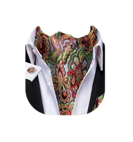 Dubulle Mens Green Red Paisley Ascot Set Floral Colorful Silk Cravat for Men Pocket Square Cufflinks Formal Medium