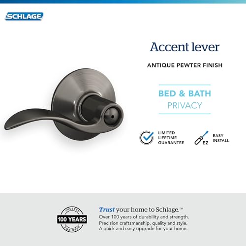 Image of SCHLAGE F40ACC620 Accent F40 Flat Wave Reversible Door Lever Lockset, Solid, Antique Pewter