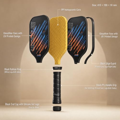 Image of playR Professional Pickle Ball Paddle Essentials 16mm - Fiberglass PP Honeycomb Core Racket, Non-Slip PU Grip, Easy Control, Strong Edge Pickleball Paddles for Outdoor Game Set for Kids & Adults