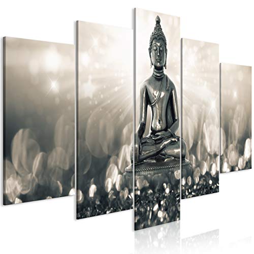 decomonkey Cuadro Lienzo Buda 200x100 cm 5 piezas Impresión Budismo Cuadro De Pared Material Tejido no Tejido Gráfica Foto Salon Brillante Budismo Abstracto Zen Spa Oriente Latón Estatua Gris Cover