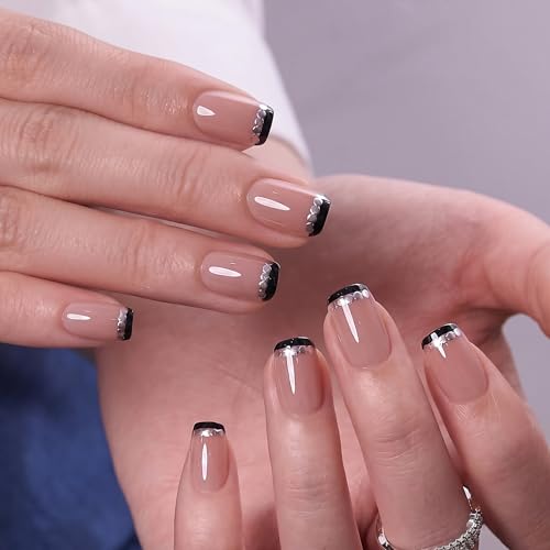 Image of CurvLife Soft Gel Square French Tip Press-On Nails Short, Reusable Black Diamond Fake Nails with Glue & Adhesive Tabs, 32PCS Salon-Quality Stick-On Nails for At-Home Manicure (Noir Trim)