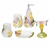 Decorative Bathroom Accessory Vanity Set Including Tumblers, Soap Dish, Shampoo and Body Wash Liquid Soap Dispenser and Toothbrush Holder, Gift for Girl with Butterfly Pattern