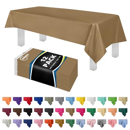 Image of Plastic Table Cloth Disposable 12 Pack 54 inch x 108 inch Rectangle | Gold Plastic table covers, durable disposable tablecloths, fade and tear-resistent table cover for party, event