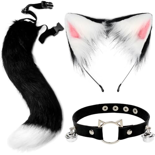 ZDQC Kunstpelz Fuchsschwanz,Katze Flauschiger Schwanz und Leder Halskette Set,Flauschige Katzenohren,Flauschige Fuchs Accessoire,Halloween Party...