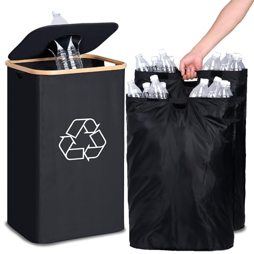 efluky Deposit Bottle Collector Bins with Lid, 100L Deposit Recycling Bottle Bins with 2 Carrying Bags, Storage Empty Bottle Collector for Home