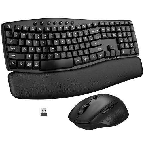 Ergonomic Wireless Keyboard Mouse Combo, EDJO Bluetooth/2.4G Dual-Mode Connection, Soft Foam Wrist Rest, Silent Typing, Waves Key Design and 3-Level DPI Adjustable Wireless Mouse for Windows, Mac OS