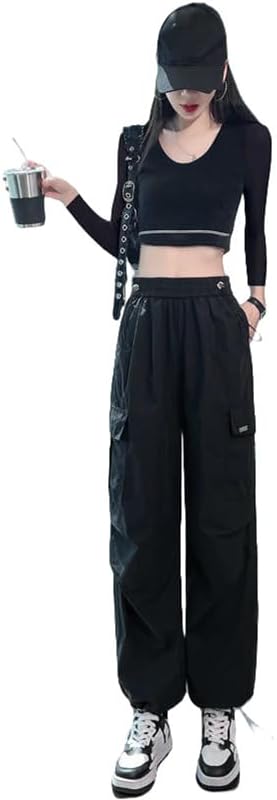 JYHBHMZG Women's American Style Spring Cuffed Hem Wide Leg High Waist Sports Silk Cotton Cargo Pants