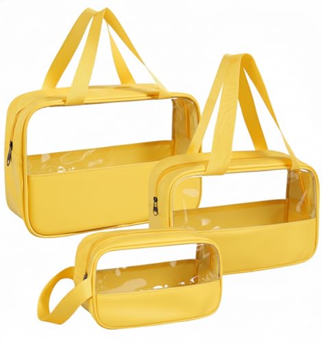 Image of KBS Toiletry Kit Cosmetic Makeup Storage Organizer Clear Styilish Wash Bag Pouch Set of 3 for Travel Luggage Transparent with Metal Zipper Gift for Men Women Girls (Yellow)