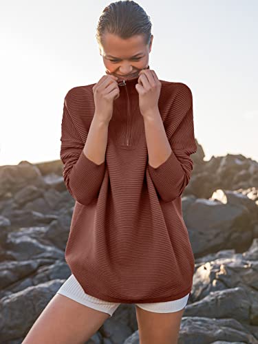 Anrabess Women's 2022 Fashion Quarter Zipper V Neck Collared Oversized Ribbed Knit Pullover Sweater Top 802Xiuhong-S Rust #TOP4