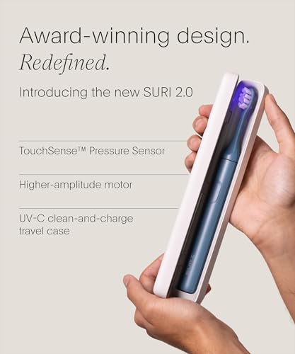 مراجعة SURI 2.0: فرشاة أسنان كهربائية سونيك بحساس ضغط وحافظة سفر بتعقيم UV‑C — بطارية تدوم أكثر من شهر وتصميم من لندن (أزرق) - الصورة 2