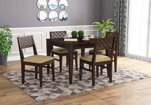 Image of Wooden Dining Table Set 4 Seater | Solid Sheesham Wood Four Seater Dining Table 4 Seater with 4 Cushion Chairs for Living Room | 4 Seater Dining Set for Hotel and Restaurant, Walnut Finish