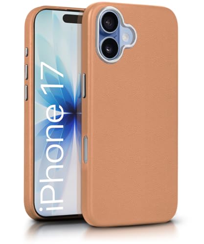 Image of WOW IMAGINE Back Cover for iPhone 17 | Shockproof Tough Leather Texture Hard Mobile Case | Ultra Slim Non-Slip Grip | Inner Velvet Fabric | Metal Camera Ring - Tan Brown