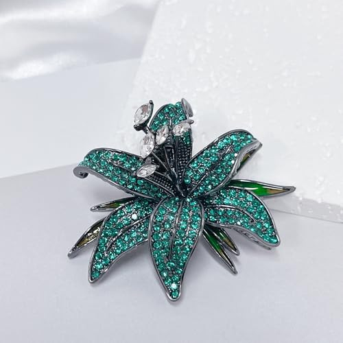 Image of Lily Flower Wedding Statement Brooch Art CZ Lapel Pin Austrian Crystal Leaf Bouquet Clusters Brooches Elegant Dress Suit Sweater Accessories for Women Ladies Party Prom Xmas Jewelry Gift