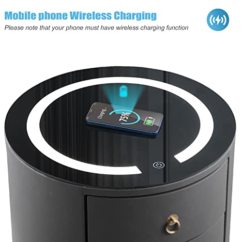 Tukailai Nightstand With Wireless Charging Station And Led Light, Modern Faux Leather Surface Bedside Cabinet With 3 Drawers, Smart End Side Table For Bedroom Living Room (Dark Grey) #TOP2