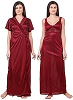 Fasense Women's Satin Plain/Solid Ankle Length Nightwear Set (Pack of 2), Maroon 4XL, Plus Size