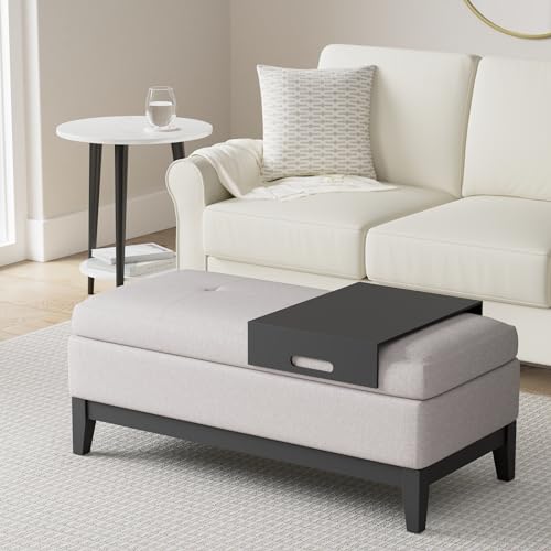 Simplihome 3AXCOT-245-CLG Oregon 42 Inch Wide Contemporary Rectangle Lift Top Storage Ottoman Bench With Removable Tray, Upholstered Cloud Grey Tufted Linen Look Fabric, Footrest Stool, Coffee Table thumb #1