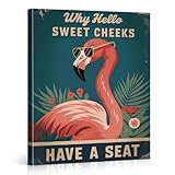 QPVXSST Funny Bathroom Wall Art Flamingo Hello Sweet Cheeks Poster Toilet Humor Gift Tropical Flamingo Vintage Bathroom Decor 8X10 Inches