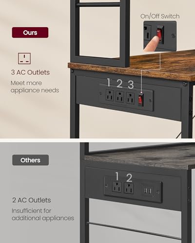 Image of VASAGLE Bakers Rack with Power Outlet, 23.6 Inches Coffee Bar for Kitchen with Storage, 6-Tier Kitchen Shelves with 6 Hooks, Microwave Stand, Industrial, Rustic Brown and Ink Black UKKS124K03