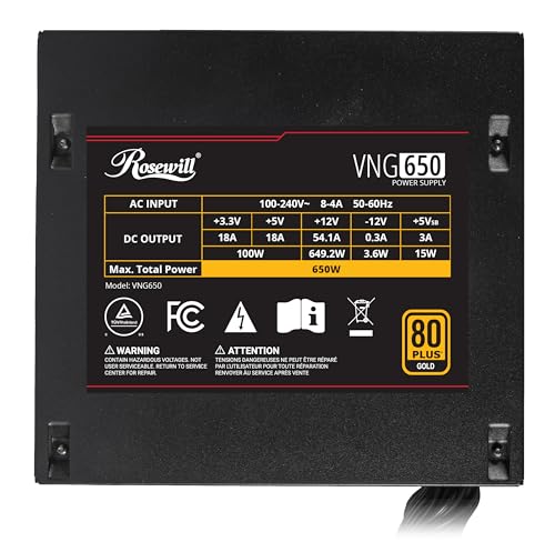 Image of Rosewill VNG 650W 80+ Gold Certified, ATX 3.0 & 3.1 Compatible, Non-Modular, Low-Noise Power Supply, 450W PCIe 5.1 12V-2x6 Connector, Electrolytic Capacitor - 5 Year Warranty - VNG650