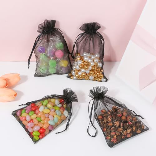 Image of Hopttreely 100pcs Organza Bags, Black 4''x4.72''(10x12cm) Satin Drawstring Organza Pouch Wedding Party Favor Gift Bag Jewelry Watch Bags