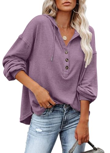PLOKNRD Hoodie Women Long Sleeve Drawstring Pullover Button Down Henley Sweatshirt Casual Loose Sweaters(Mauve,S) PLOKNRD Hoodie Women Long Sleeve Drawstring Pullover Button Down Henley Sweatshirt Casual Loose Sweaters(Mauve,S)