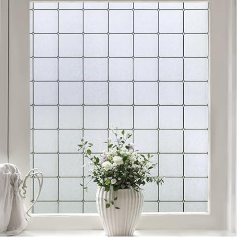 Windimiley Window Privacy Film Frosted Glass Static Cling Black Lattice Bathroom Decorative Window Sticker Winter Heat Control Sun Blocking Window Cover Vinyl Opaque Door Covering, 35.4x118.1In, Pure Cover