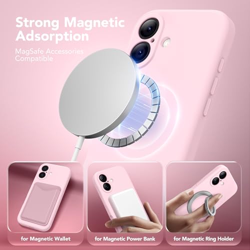 Image of Magnetic for iPhone 16 Case, Compatible with MagSafe, [Screen Protector + Full Camera Protection], Silicone Shockproof Anti-Scratch Protective Phone Case for iPhone 16 6.1 inch, Chalk Pink