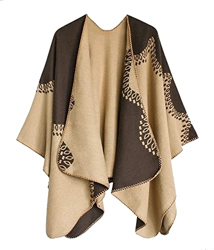 Urban CoCo Women's Color Block Shawl Wrap Open Front Poncho Cape, Series 28-khaki, One size
