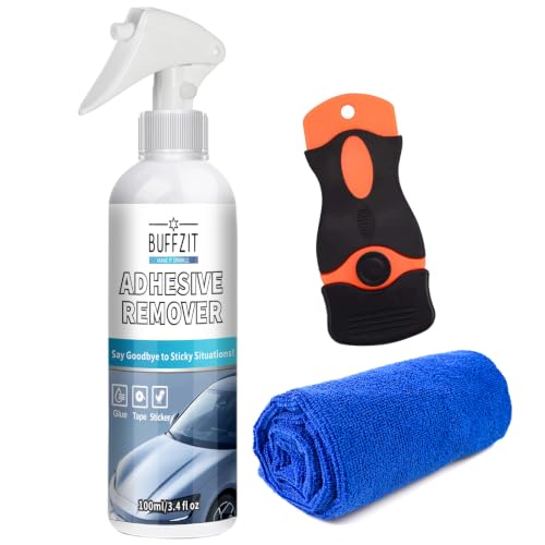 Image of Car Adhesive Remover Spray - Glue & Sticker Remover for Car Paint, Glass & Windows, Removes Decals, Tape & Label Residue - Automotive Adhesive Cleaner Kit with Scraper & Towel, 3.4oz /100ml