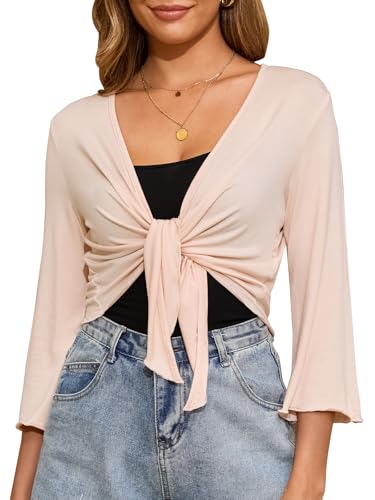 Image of Womens Tie Front Shrug 3 /4 Sleeve Bolero Cardigan Sheer Shrug Sweater Knotted Casual Lightweight Short Shawl Tops