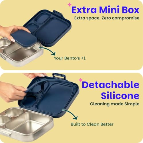Image of Basil Bento Box Quad Plus - 3+1 Compartment Stainless Steel Lunch Box (1020ml) with BPA-Free Lid | Leak-Proof Tiffin for Kids & Adults | Premium Lunch Box for School, Office & Picnic - Indigo Zen