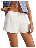 MakeMeChic Women's Elastic Waist Shorts Straight Leg Eyelet Embroidery Summer Casual Shorts White Small