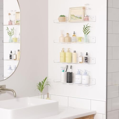 Image of Acrylic Shelves for Wall Storage, 15 inch Floating Bookshelves for Kids, Display Shelf Organizer for Bathroom, Bedroom, Living Room, Kitchen, Room Decor, Clear (2)