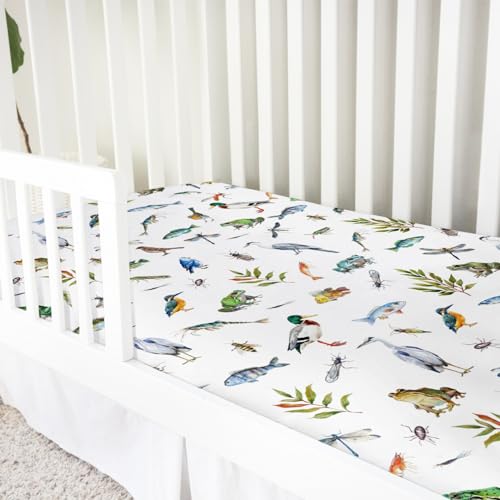 Image of Wildlife Pond Baby Crib Sheets 52''x28'' Wild Animals Frogs Duck Fish Bird Weeds Snug Fitted Crib Mattress Cover for Boy Girl Fishing Hunting Soft Nursery Bed Sheet for Standard Crib Toddler Mattress