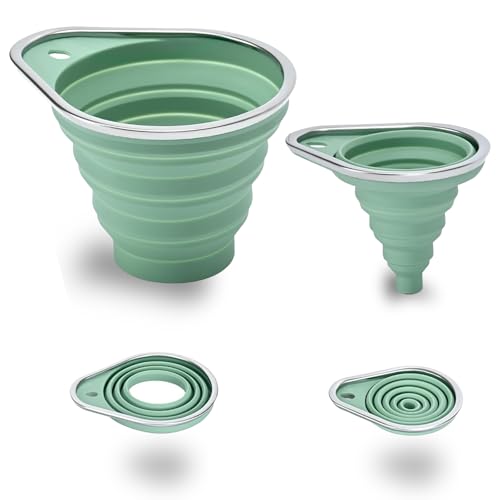 Embudos de Cocina de Silicona, 2 Piezas Embudo para Mermelada Plegables con Borde de Acero Inoxidable, Incluye Embudo Grande y Pequeño para Rellenar Botellas, Conservas e Ingredientes Secos y Líquidos
