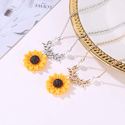 Sweet Sunflower Pearl Leaf Pendant Necklace Resin Daisy Flower Clavicular Chain Fashion Jewelry For Women (Silver) #TOP3