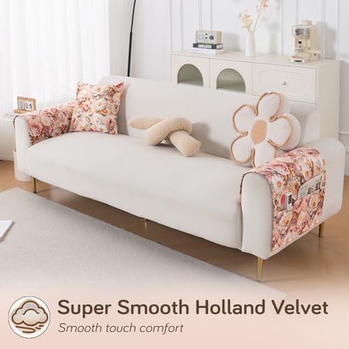 Image of HOKIPO 'Nature Muse' Premium HD Printed Holland Velvet Sofa Armrest Covers with Pockets | 1 Pair | Rose Symphony (IN-921-L-D5*2)