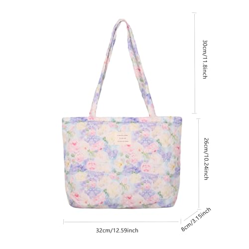 Image of Floral Quilted Cotton Shoulder Bag for Women Daily Use Medium Size Handbag Large Capacity Thickened Design Tote