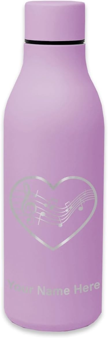 LaserGram Double Wall Stainless Steel Water Bottle, Music Staff Heart, Personalized Engraving Included