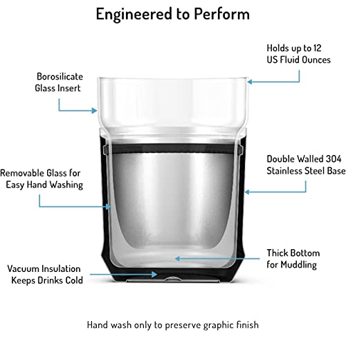 Elevated Craft Hybrid Cocktail Glass Premium Vacuum Insulated Steel Base With Removable Glass Insert - 12Oz Rocks Glass, Double Old Fashioned Lowball For Margaritas, Bourbon, Whiskey - Gunmetal Black #TOP2