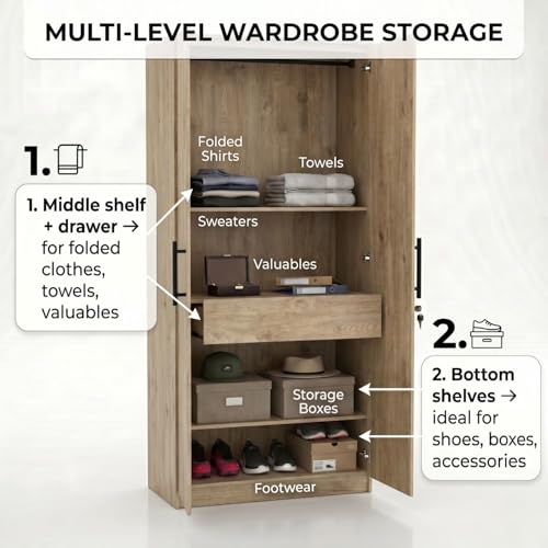 Image of FFO 2 Matrix Door Wardrobe with 2 Drawers | Multi-Purpose Wardrobe Organizer with Shelves | Engineered Wood Cupboard for Living Room, Bedroom & Office | Modern Sideboard Storage Unit Milok DIY.
