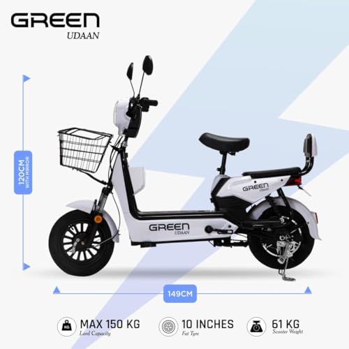 Image of Green Udaan Low Speed Electric Scooter Non RTO 80KM Range Lithium Battery with Portable Charger (White)